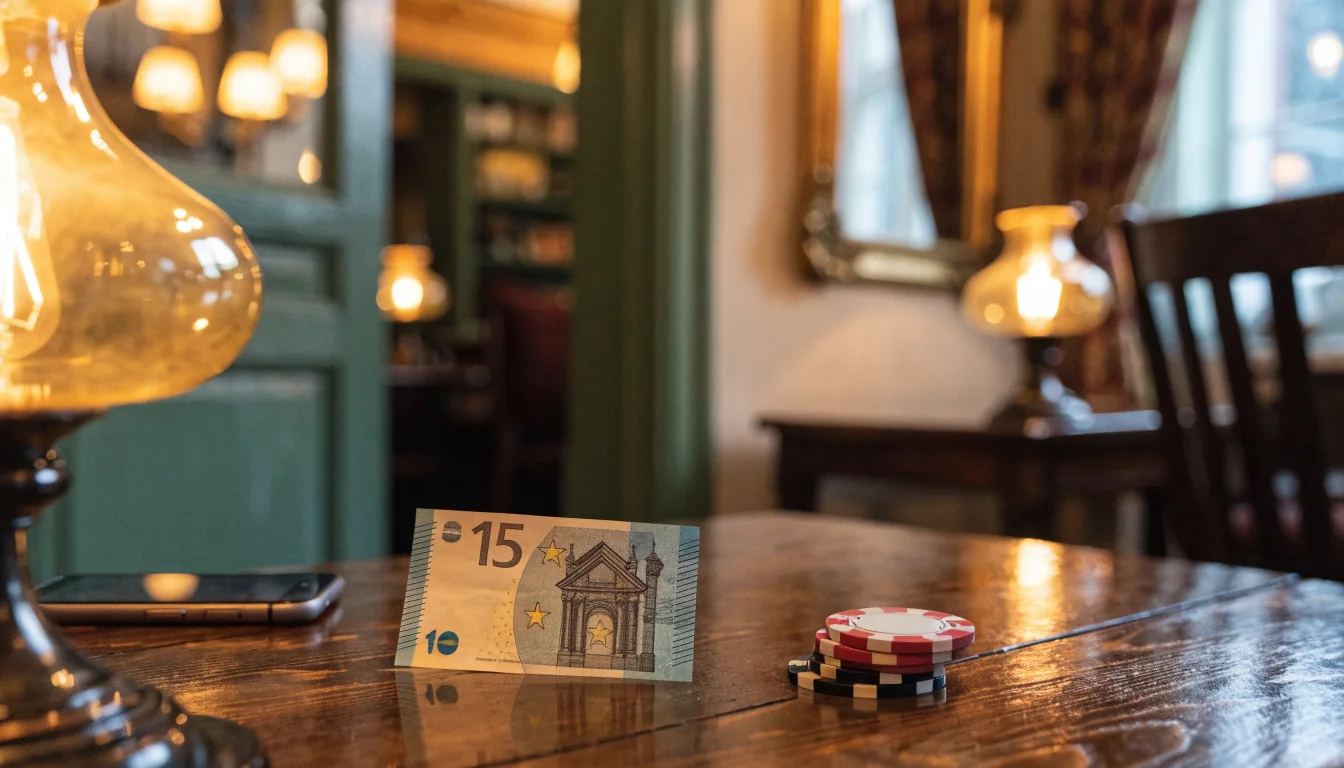 Gemütliches Wiener Café mit €15 Banknote und Casino-Chips auf Tisch