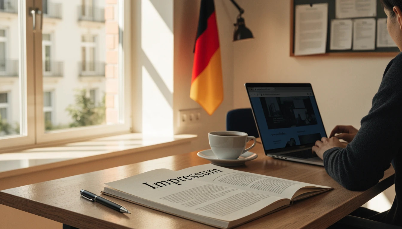 Büro mit Impressum, Deutscher Flagge, Laptop und Kaffeetasse