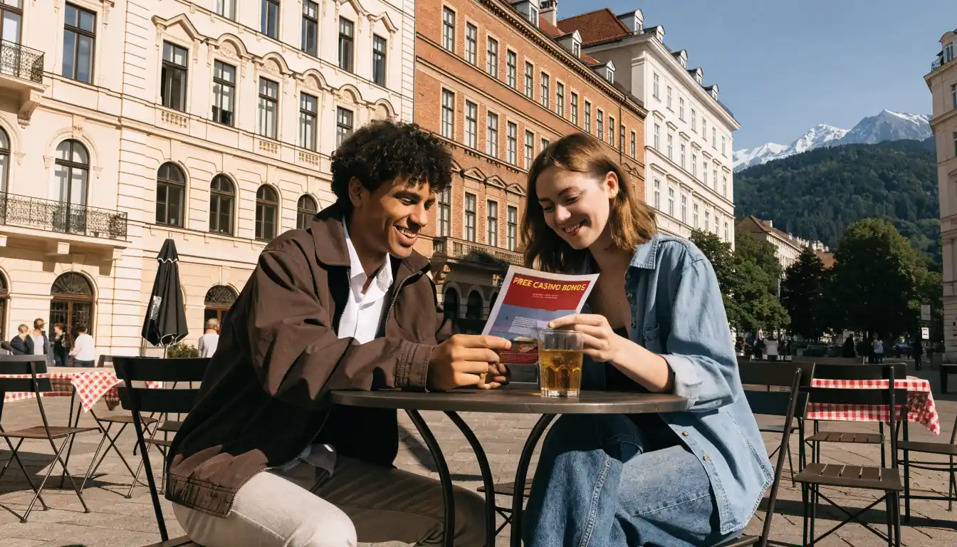 Junges Paar an einem Wiener Café, Flyer für kostenlosen Casino-Bonus
