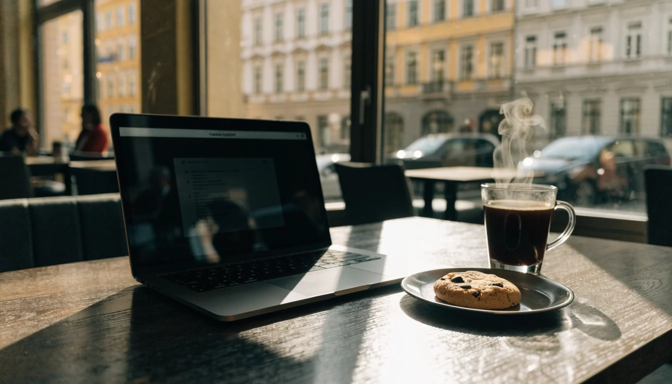 Venedig Café, Schreibtisch mit Laptop und Keks, Sonnenlicht