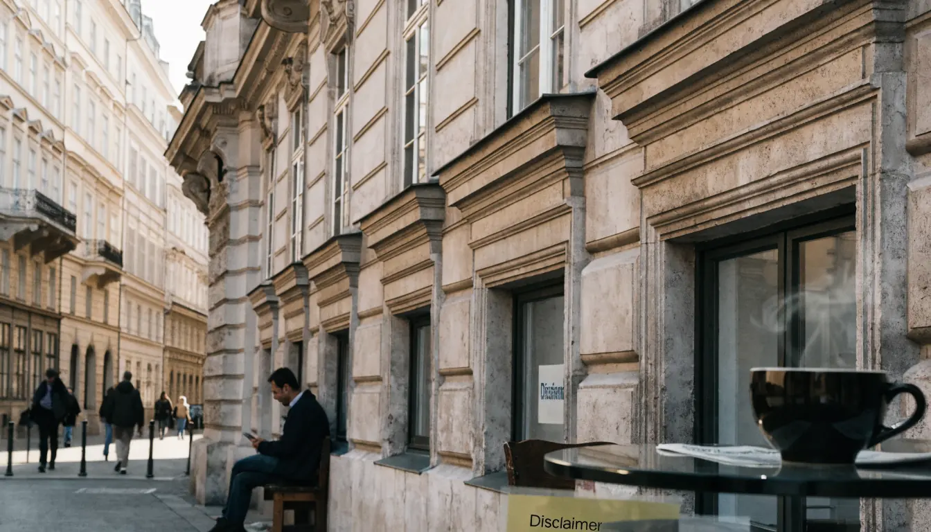 Vienaer Straße mit historischer Fassade und Hinweis auf Haftung.