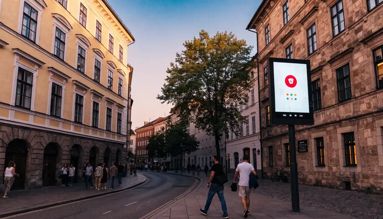 Österreichischer Platz bei Abendlicht mit digitalem Casino‑Billboard