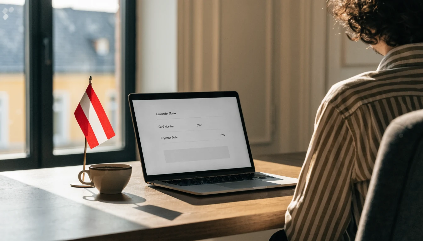 Leerer Zahlungsbereich auf Laptop mit österreichischer Flagge
