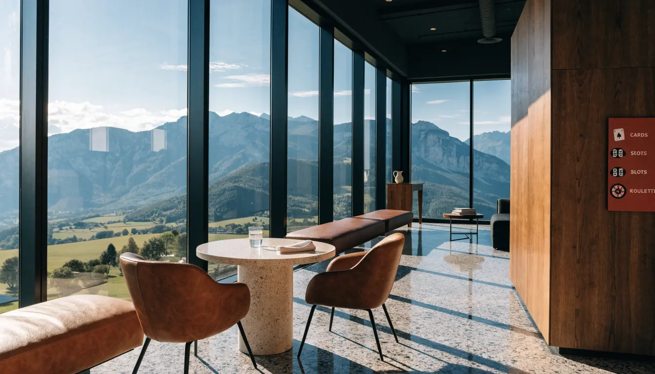 Lounge mit Spielkategorien vor Alpenblick
