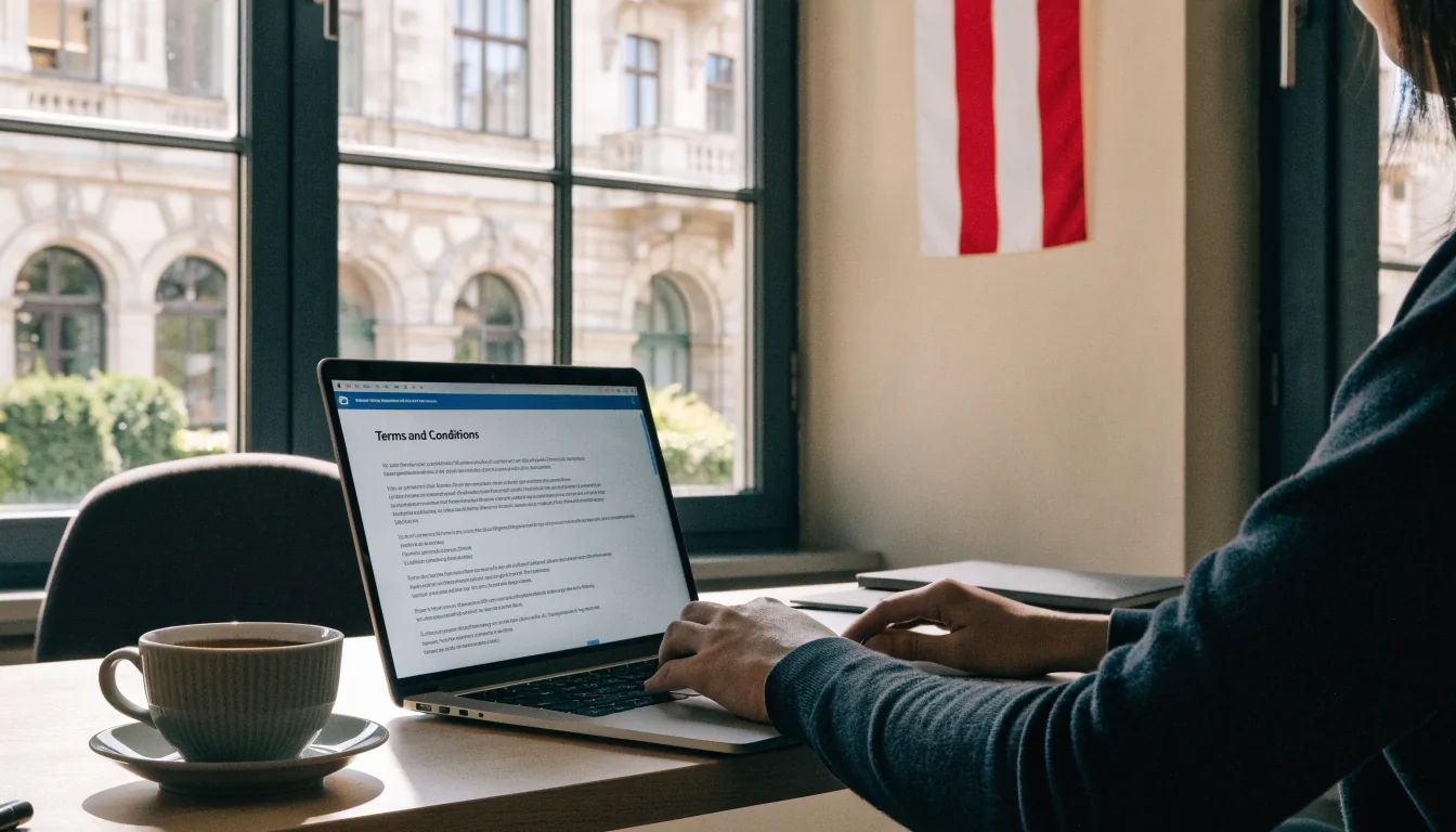 Büro in Wien mit Laptop und österreichischer Flagge